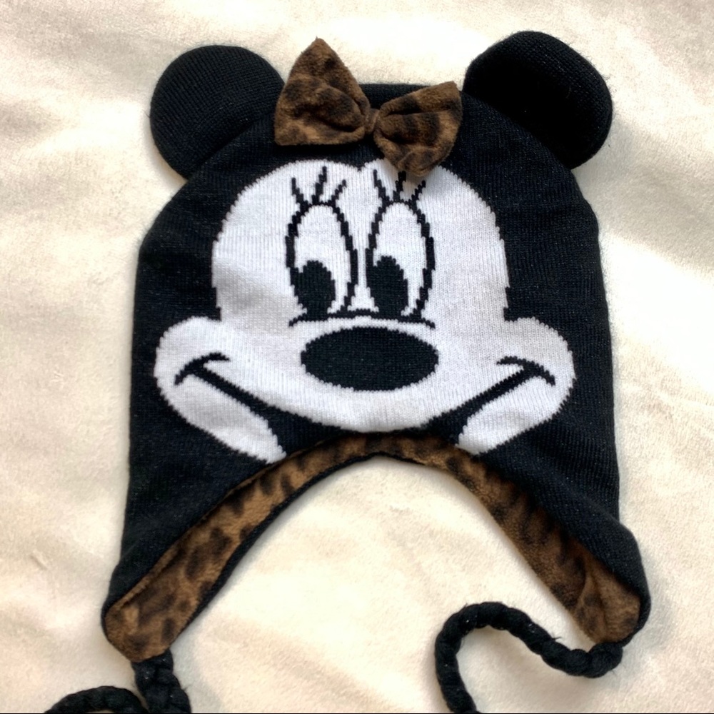 Walt Disney Mini Mouse Face with ears black white & Leopard print fleece Beanie - Picture 2 of 16